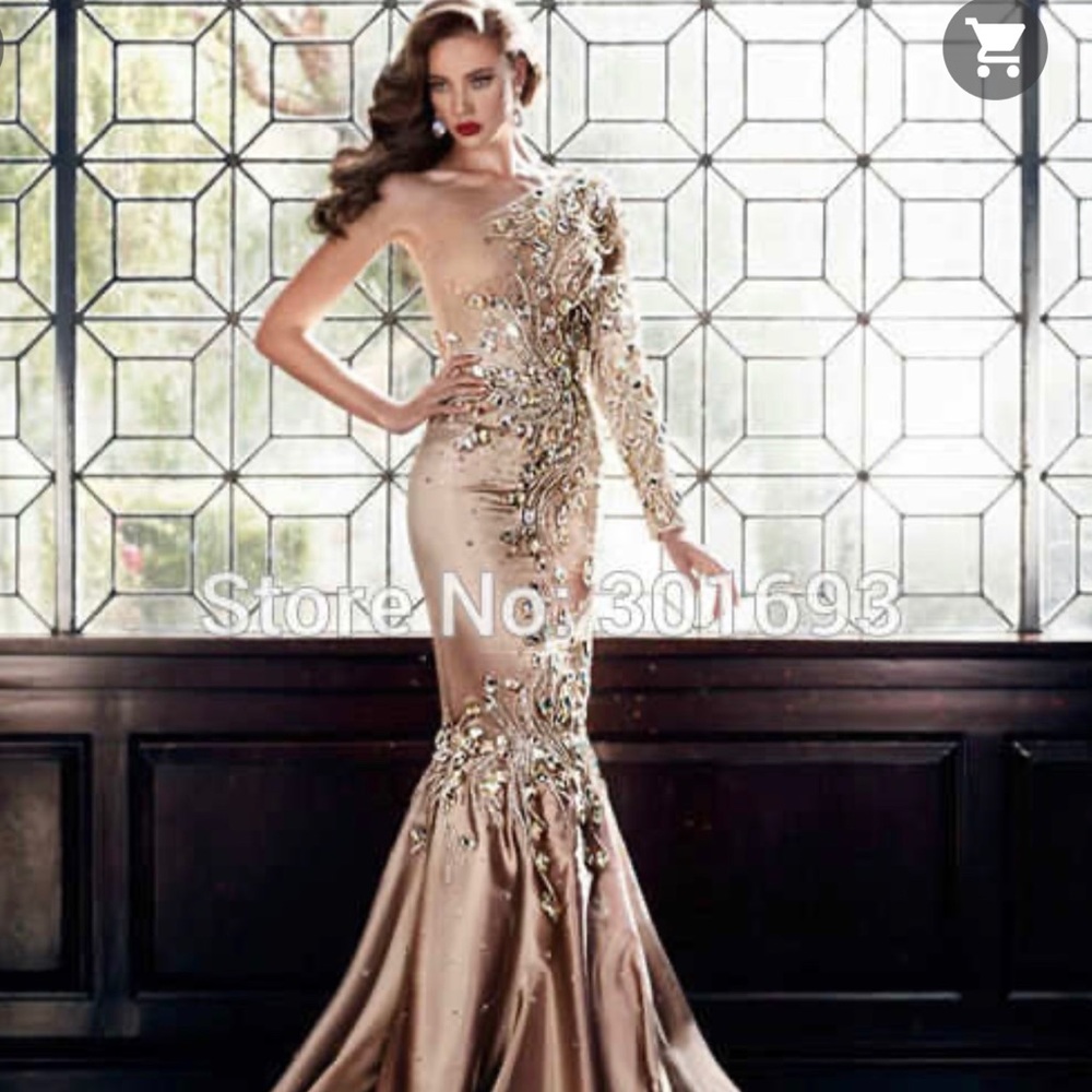 Champagne satin rhinestoned prom ball gown